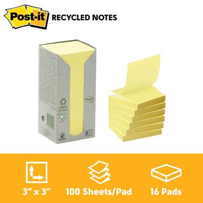 Post It Notes 76mm X76mm Recycled Yellow Pk16